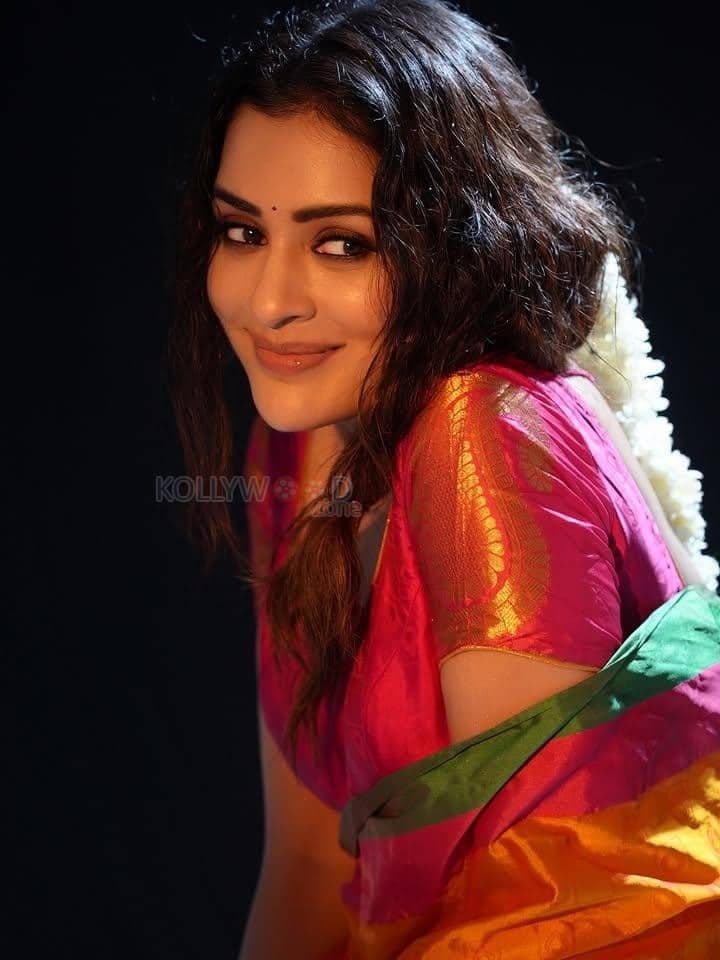 Hot Payal Rajput in a Traditional Red Blouse with a Red and Green Draped Saree Photos 01