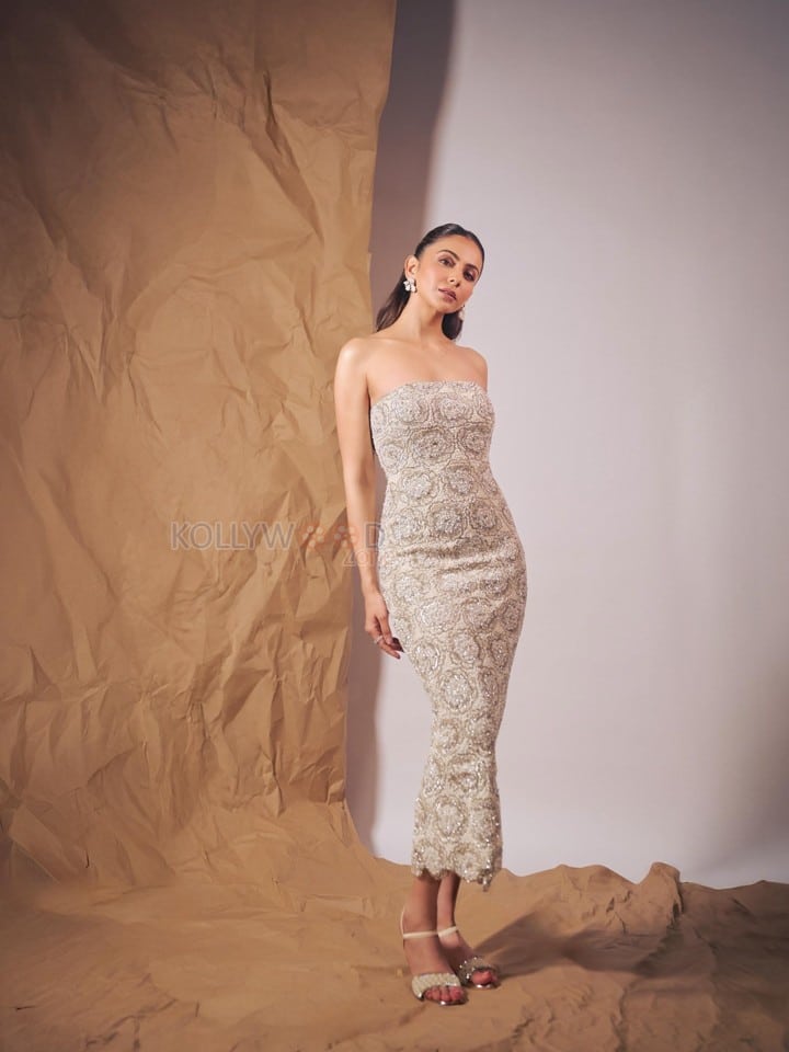 Indian 3 Heroine Rakul Preet Singh in a Light Embellished Strapless Gown Photos 09
