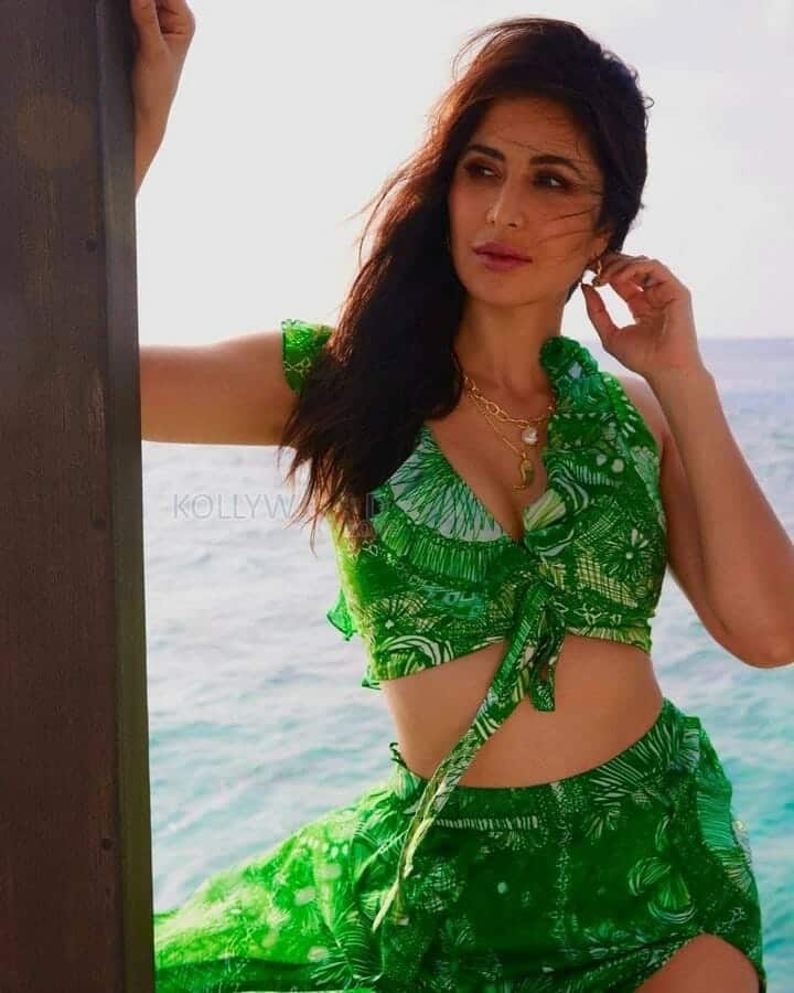 Indian Actress Katrina Kaif in Green Low Cut Top Photos 01