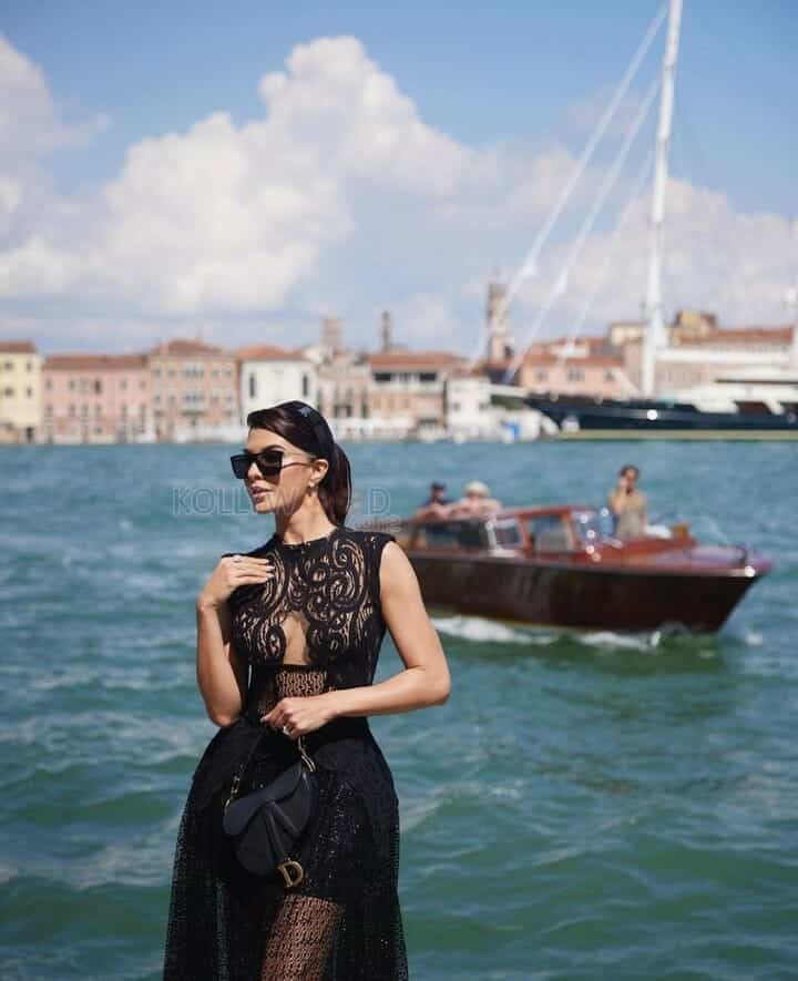 Jacqueline Fernandez in a Black Lace Corset Dress for Venice Film Festival Photos 02