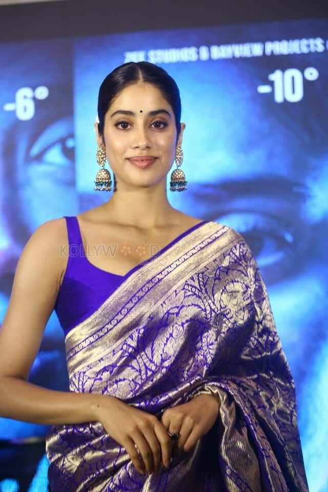 Janhvi Kapoor in a Blue Saree and Backless Blouse for Mili Promotion Event Photos 17