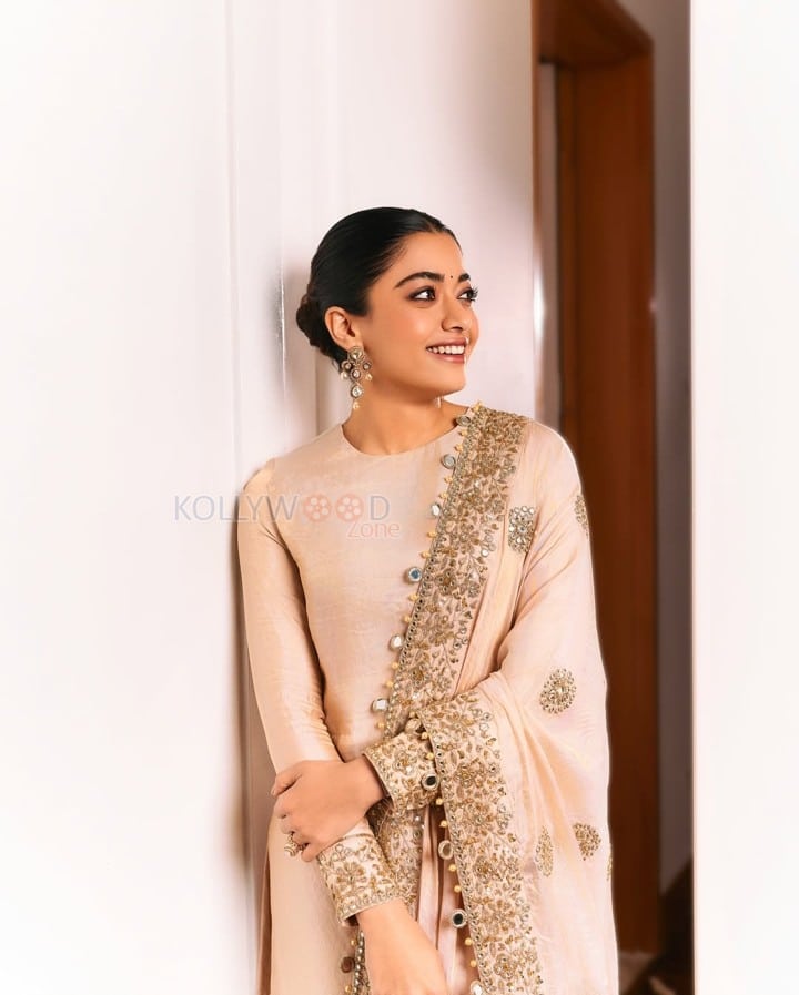 Kuberaa Actress Rashmika Mandanna in a Beige Kurta Churidar Set Photos 01