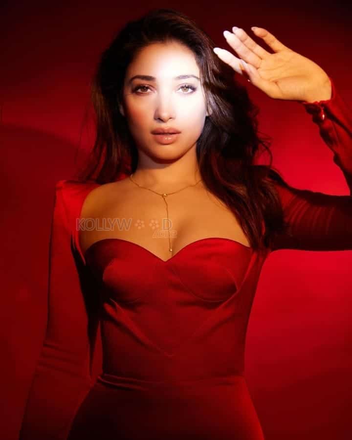 Milky Beauty Tamannaah in a Red Satin Dress Photos 02