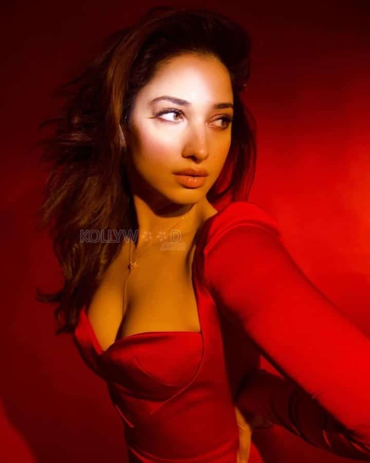 Milky Beauty Tamannaah in a Red Satin Dress Photos 05
