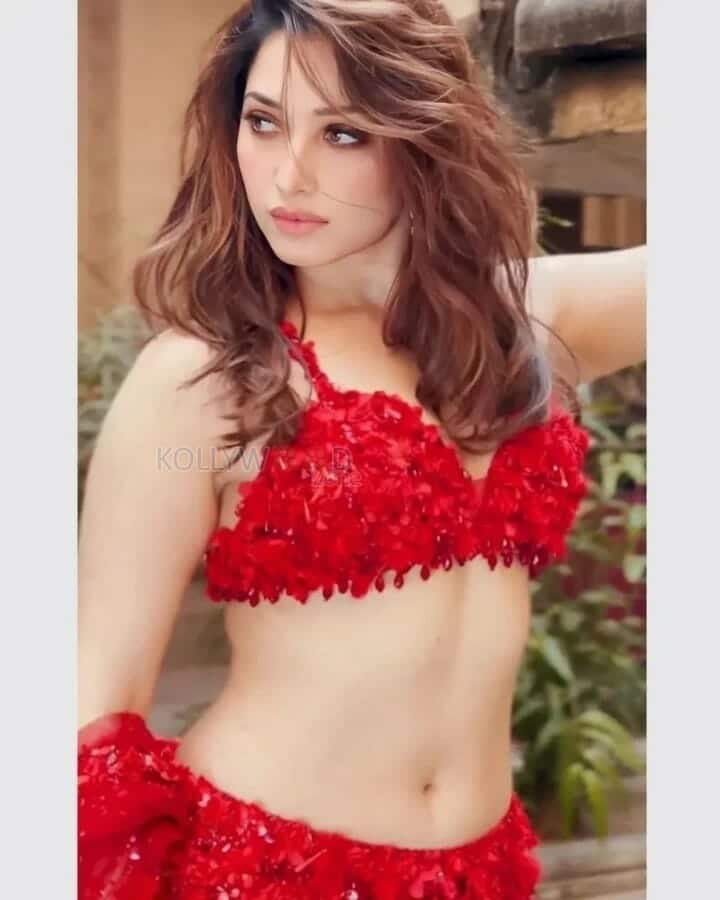 Milky White Tamannaah in a Sexy Hot Red Lehenga Photoshoot Stills 11