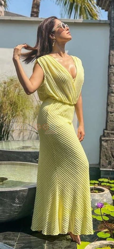 Nushrratt Bharuccha in a Yellow Maxi Dress Photos 02