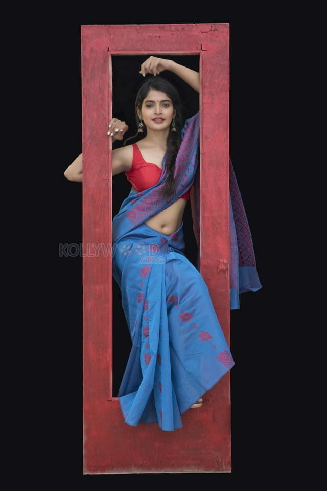 Party Movie Actress Sanchita Shetty Blue Saree Photoshoot Stills