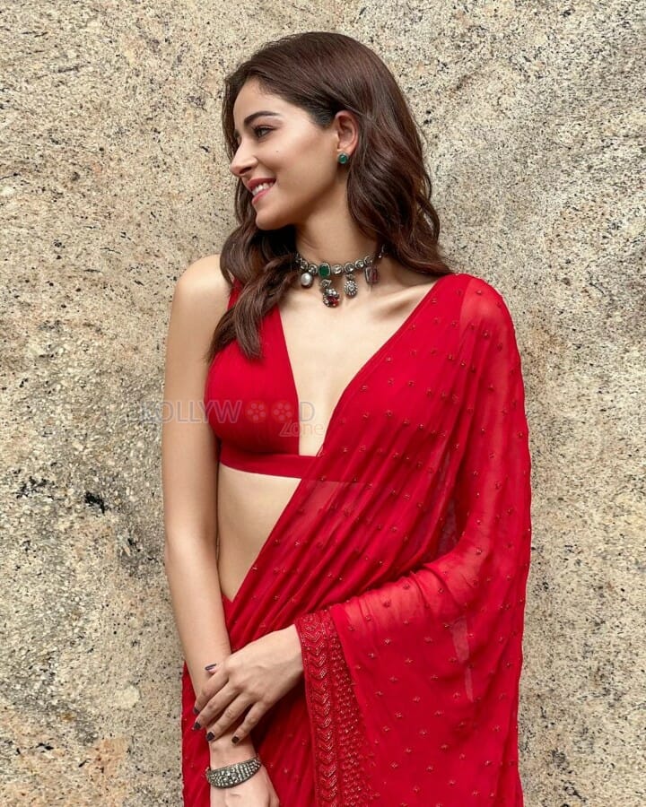 Petite Ananya Panday in a Red Half Saree and Lingerie Photo 01