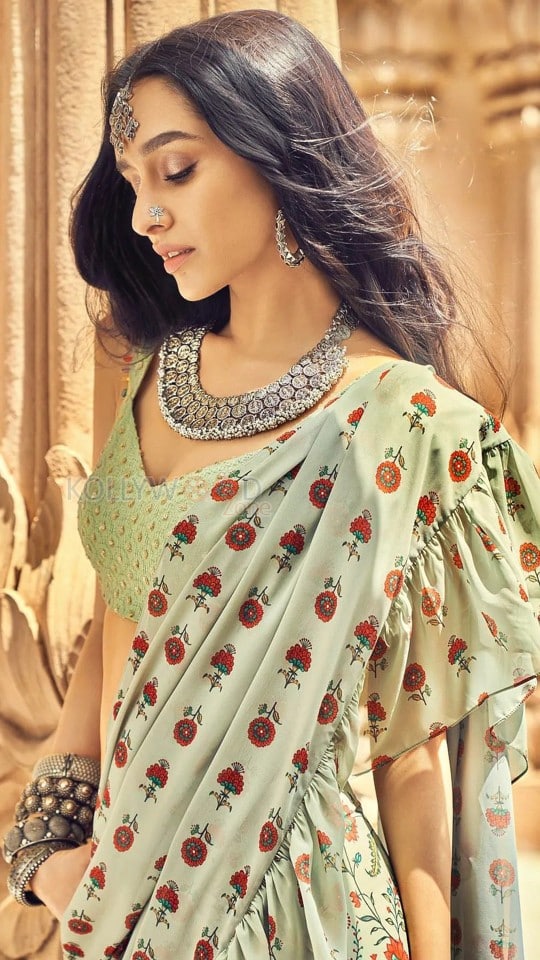 Pretty Beauty Shraddha Kapoor in a Green Floral Printed Ruffle Saree with Matching Blouse Pictures 03