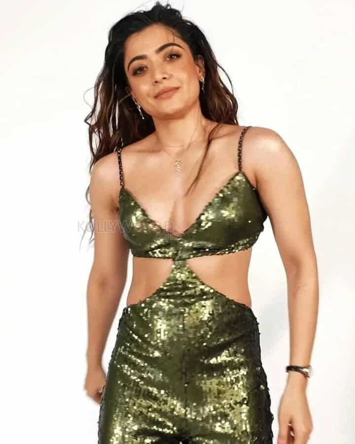 Rashmika Mandanna in Green Sparkly Sexy Low Cut Dress Photos 01