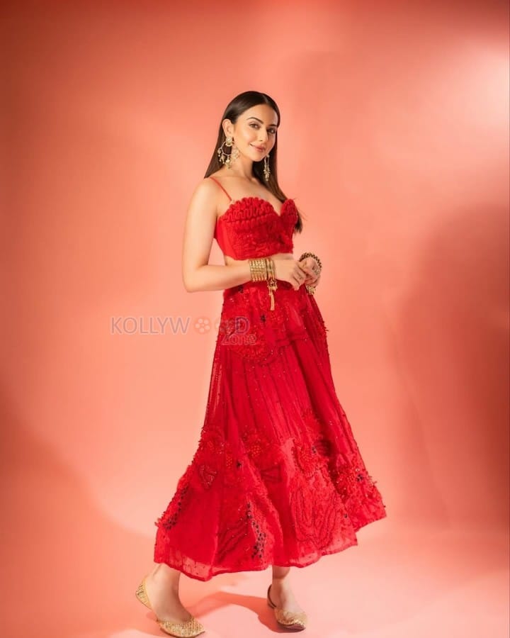 Rocking Beauty Rakul Preet Singh in a Red Crop Top and Skirt Photos 02
