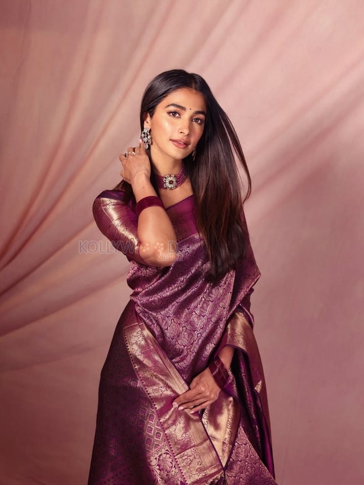 Royal Beauty Pooja Hegde in a Deep Purple Kanjivaram Saree Photos 01