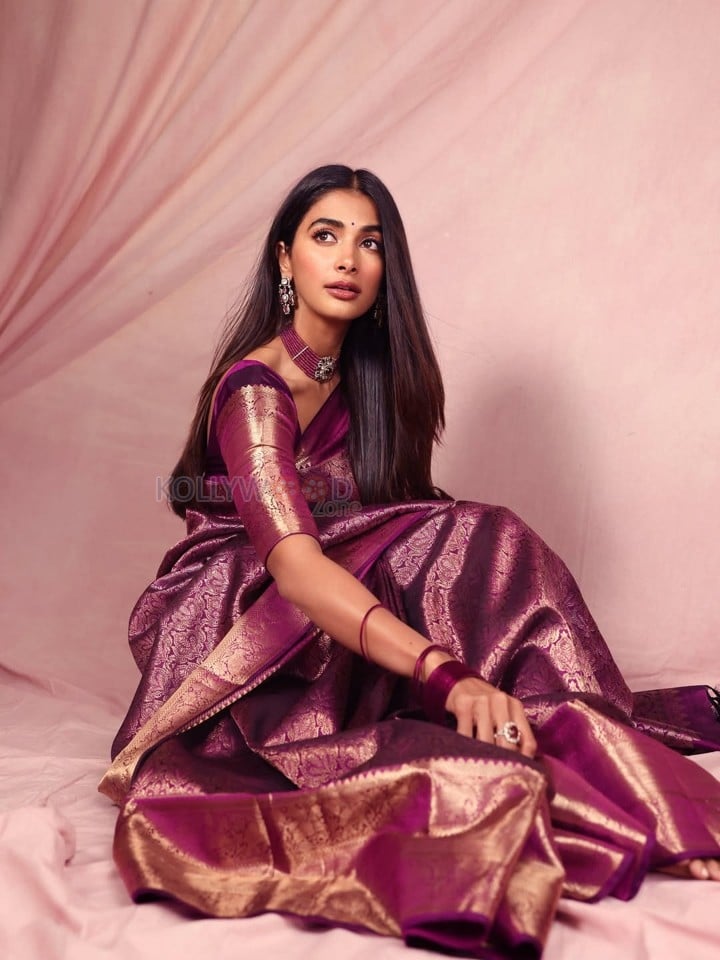 Royal Beauty Pooja Hegde in a Deep Purple Kanjivaram Saree Photos 03