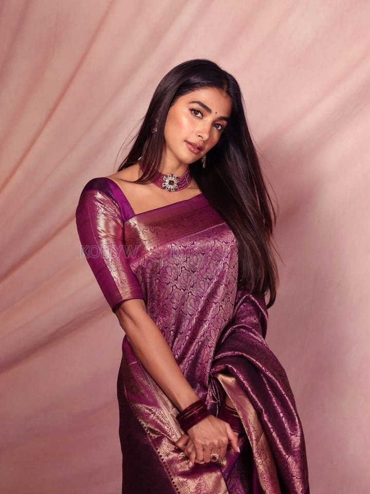 Royal Beauty Pooja Hegde in a Deep Purple Kanjivaram Saree Photos 04