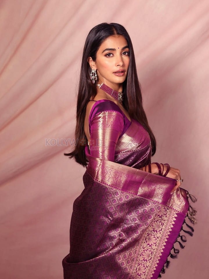 Royal Beauty Pooja Hegde in a Deep Purple Kanjivaram Saree Photos 05