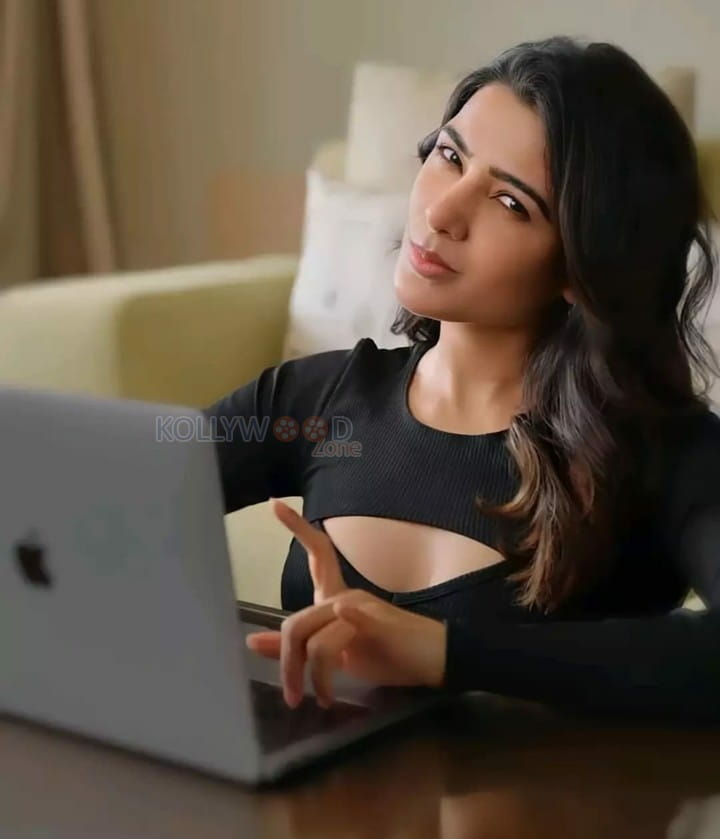 Samantha Black Dress Laptop Photoshoot Pictures