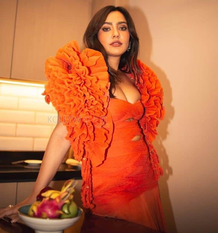 Sensual Neha Sharma in an Orange Floor Length Gown with a Bold Cleavage Cut Out Photos 01