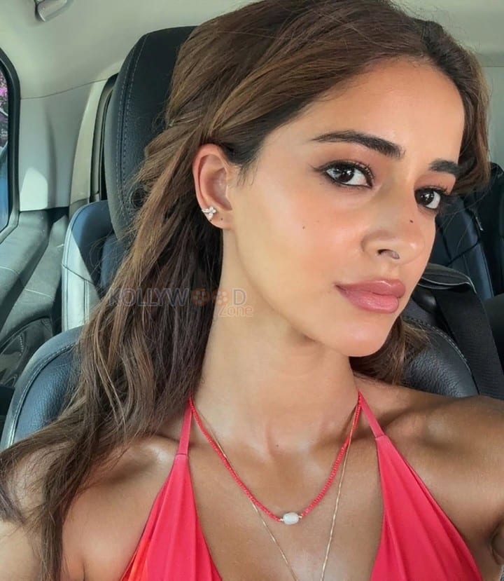 Sexy Ananya Panday in a Coral Colored Cutout Monokini with Thigh High Slit Dress 02