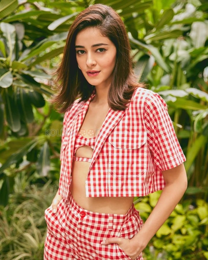 Sexy Ananya Panday in a Red and White Summer Ginghams with a Half Sleeve Shirt Tie Up Bralette and Flared Trousers Photos 04