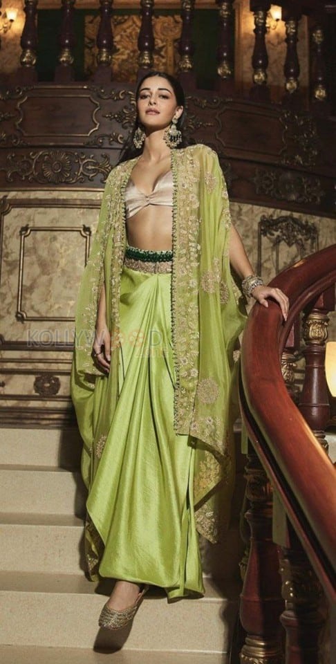 Sexy Ananya Panday in a Soft Green Floral Embellished Blouse Skirt and Cape Pictures 02