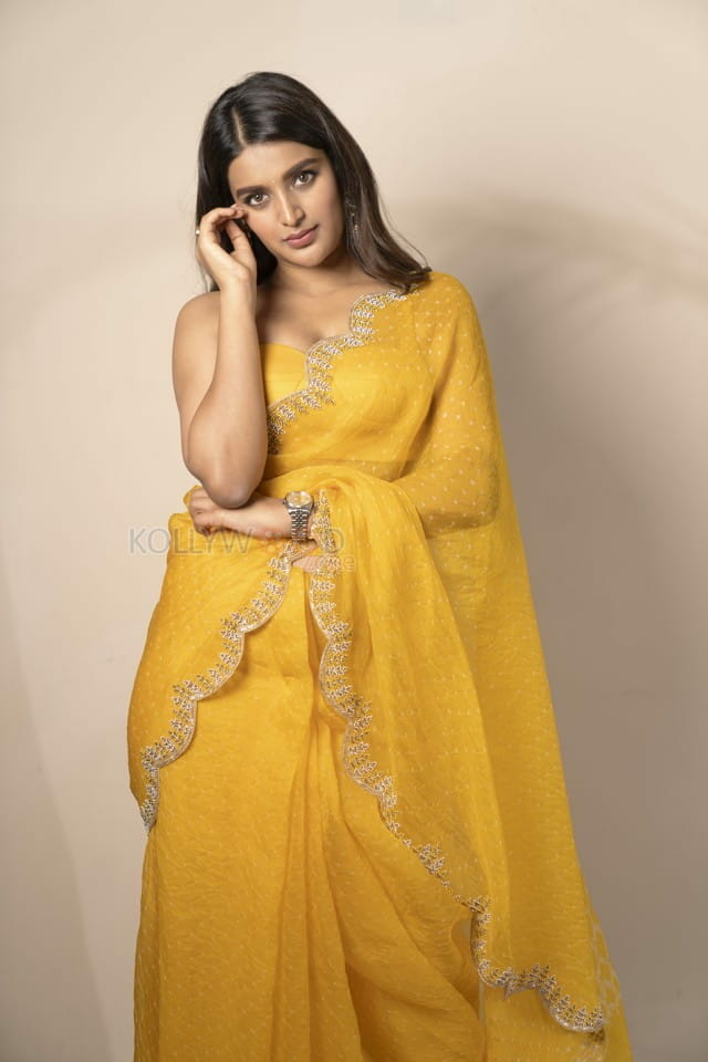 Sexy Nidhhi Agerwal Yellow Saree Photoshoot Stills