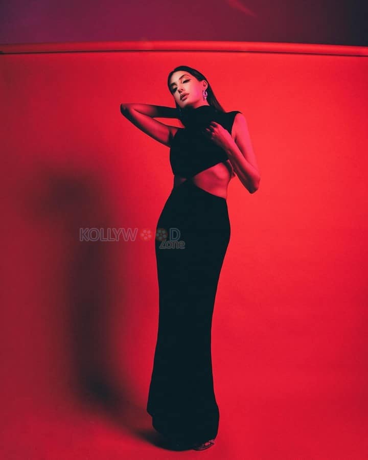 Sexy Nora Fatehi in a Velvet Front Cut Out Dress for Principle Magazine Photos 03