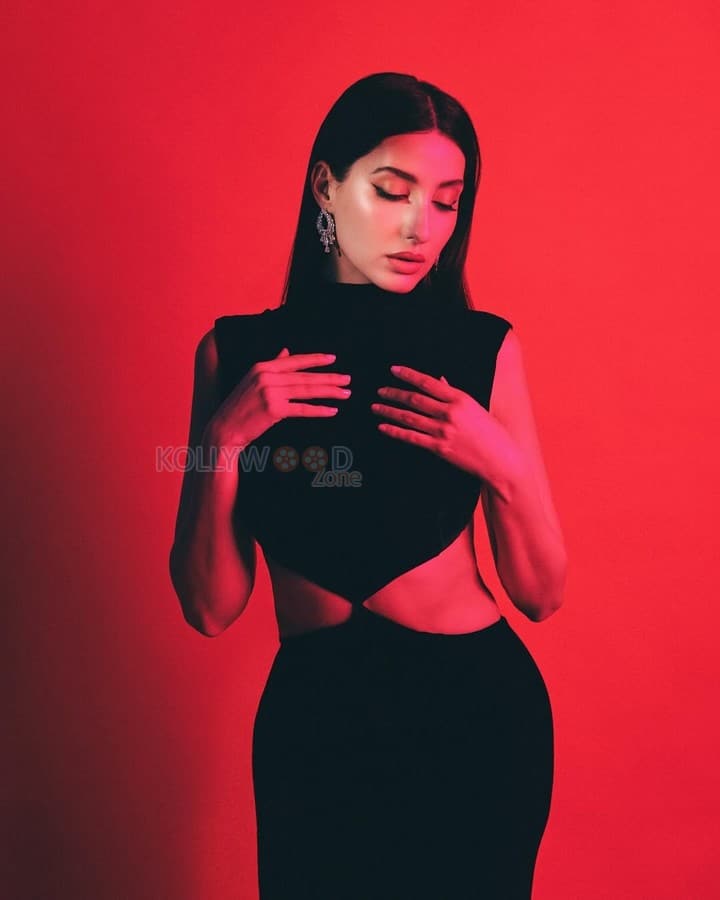 Sexy Nora Fatehi in a Velvet Front Cut Out Dress for Principle Magazine Photos 06