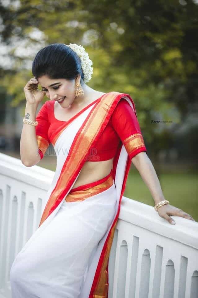 Sexy Sakshi Agarwal in White Saree with Red Border Photos 03