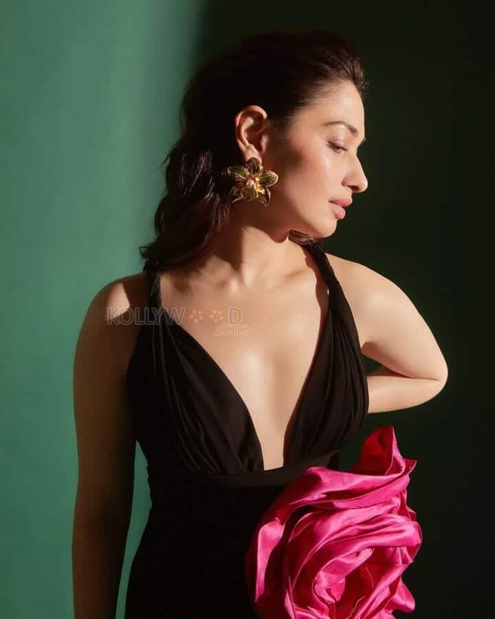 Sexy Tamanna in a Deep Cut Black Rose Dress Photos 02