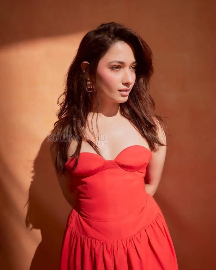 Sexy Tamannaah Bhatia in an Orange Strapless Gown Photos 01