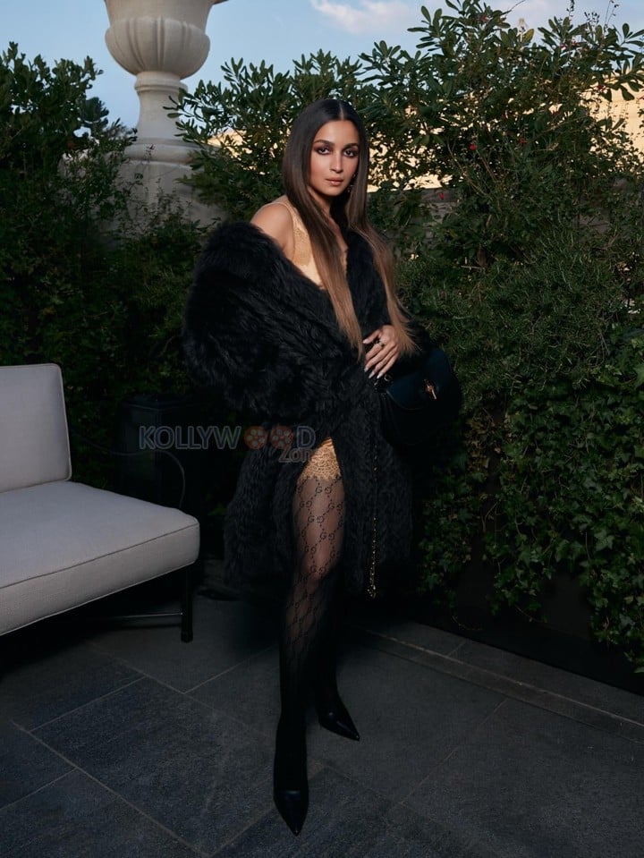 Stunning Alia Bhatt at New Year Fashion Week in a Nude Satin Mini Dress with a Black Fur Coat Photos 04