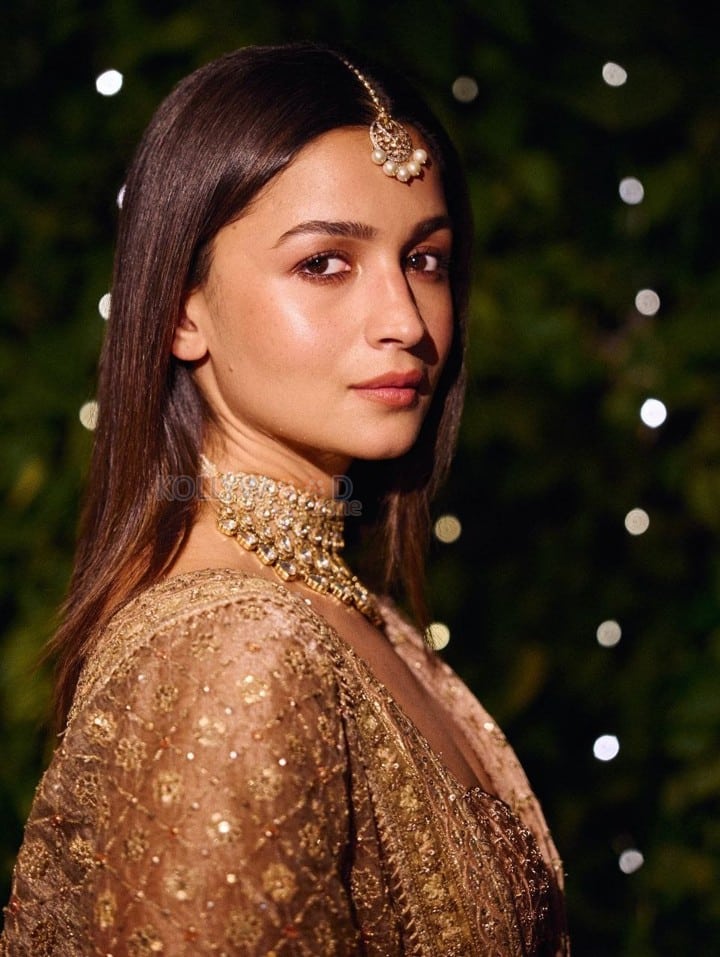 Stunning Alia Bhatt in a Rose Gold Embellished Silk Saree Pre Diwali Bash Photos 02