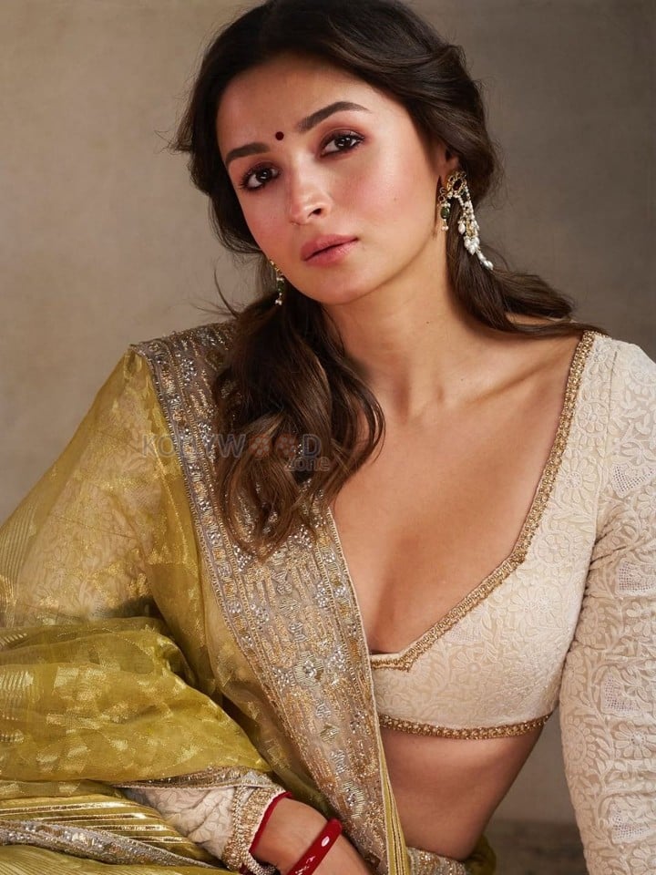 Stunning Alia Bhatt in a Traditional Olive Cream Saree with a Deepneck Blouse Pictures 03