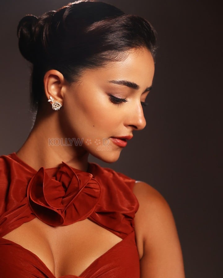 Stunning Ananya Panday in a Red Rust Colored Bodycon Dress with a Floral Cutout Photos 06