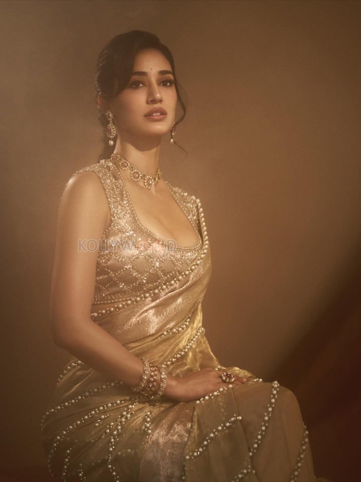Stunning Indian Actress Disha Patani in a Gold Colored Saree with a Matching Embroidered Sleeveless Blouse Photos 04