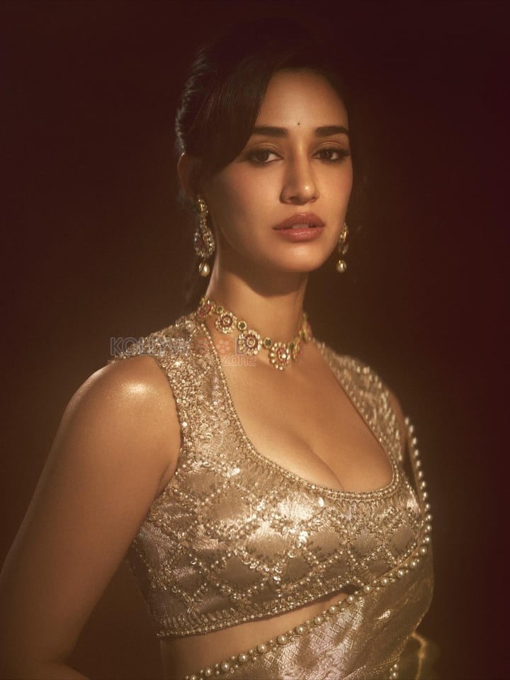 Stunning Indian Actress Disha Patani in a Gold Colored Saree with a Matching Embroidered Sleeveless Blouse Photos 07