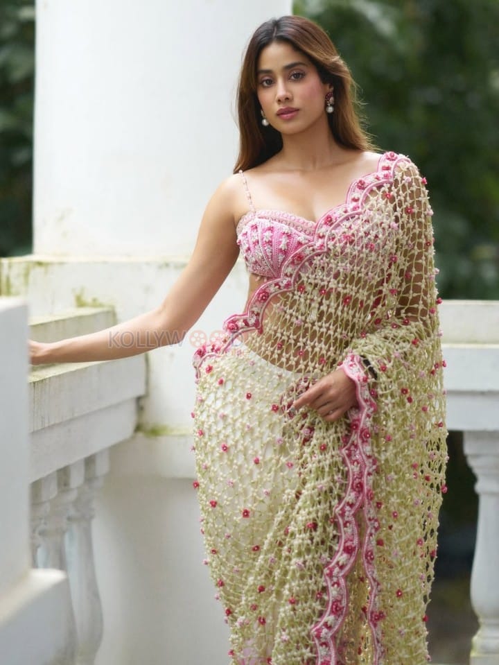 Stunning Janhvi Kapoor in a Pink Floral Embroidered Saree with a Sleeveless Pink Bralette Blouse Photos 05