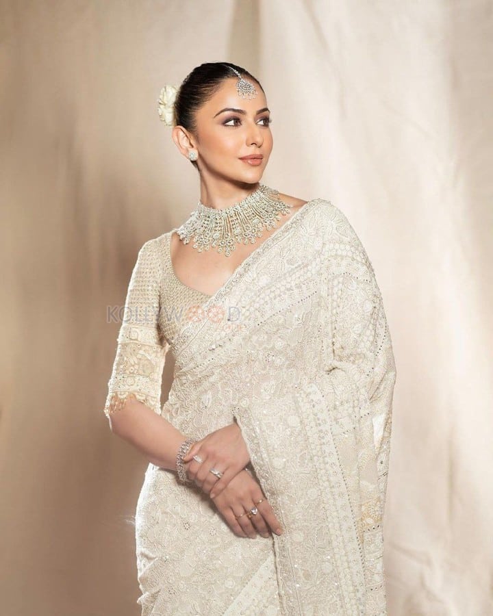 Stunning Rakul Preet Singh in a Trendy White Floral Embroidered Saree with a Silver Blouse Photos 01