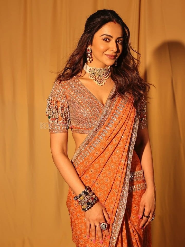 Stunning Rakul Preet Singh in an Orange Printed Embroidered Blouse with Embroidered Flat Saree Photos 02