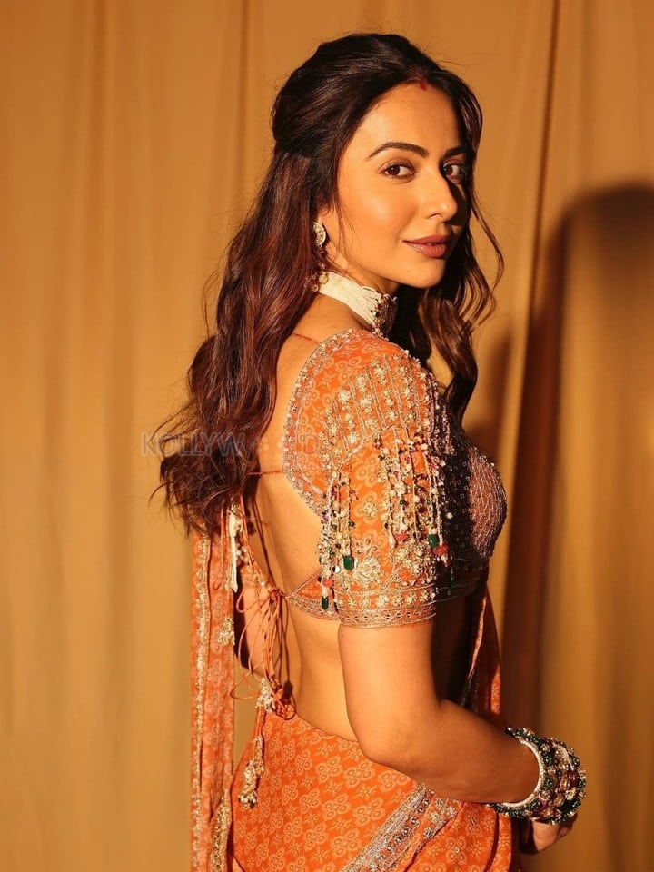 Stunning Rakul Preet Singh in an Orange Printed Embroidered Blouse with Embroidered Flat Saree Photos 03