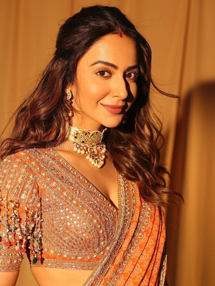 Stunning Rakul Preet Singh in an Orange Printed Embroidered Blouse with Embroidered Flat Saree Photos 04