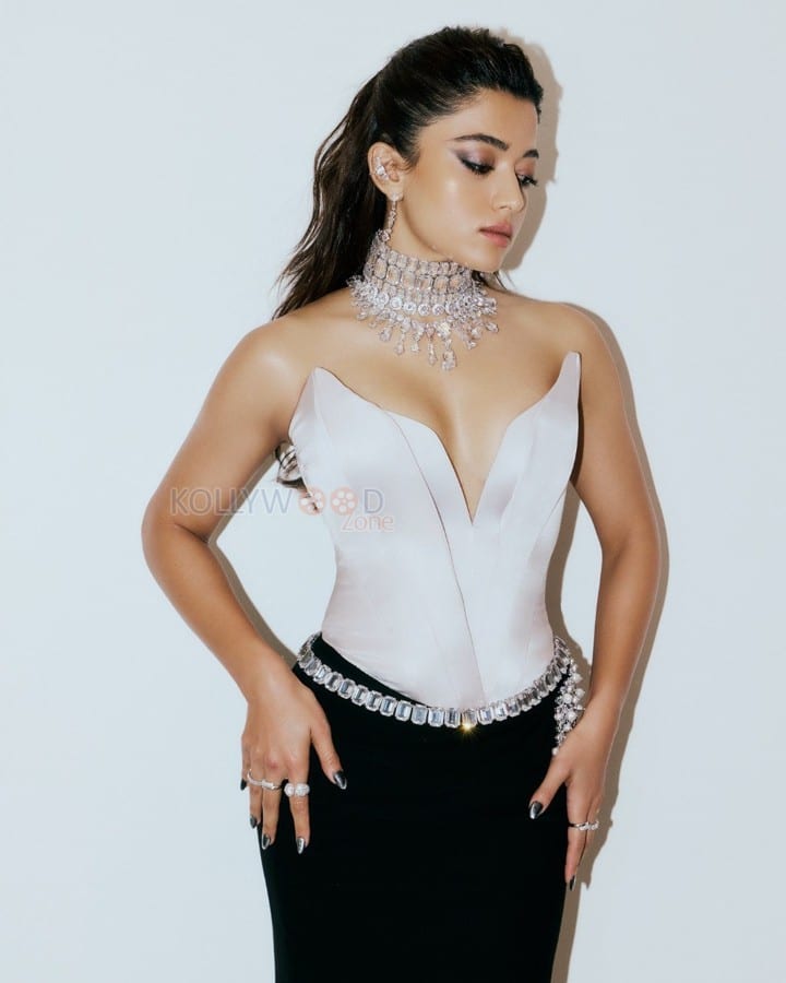 Stunning Rashmika Mandanna in a Dual Toned Strapless Couture Gown with a Metallic Silver Sculpted Petal Corset Bodice Photos 01