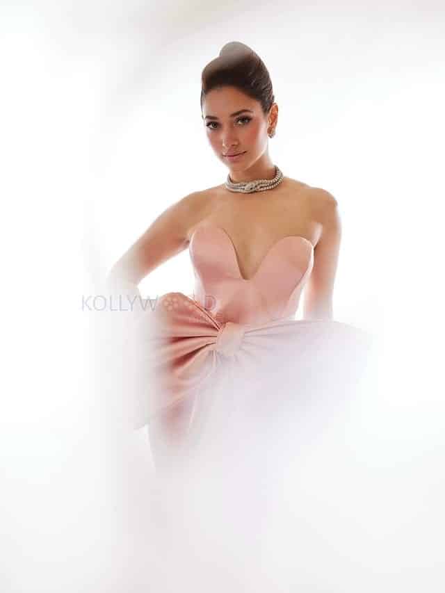 Stunning Tamannaah Bhatia in a Pink Off Shoulder Satin Gown with a Sweetheart Neckline and Bow for Bvlgari iconic Serpenti Collection Photos 02