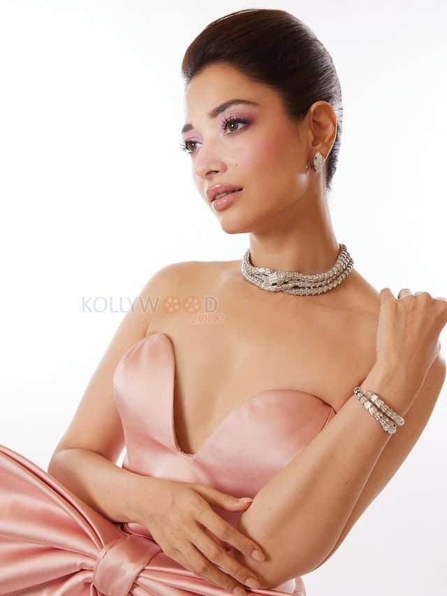 Stunning Tamannaah Bhatia in a Pink Off Shoulder Satin Gown with a Sweetheart Neckline and Bow for Bvlgari iconic Serpenti Collection Photos 08