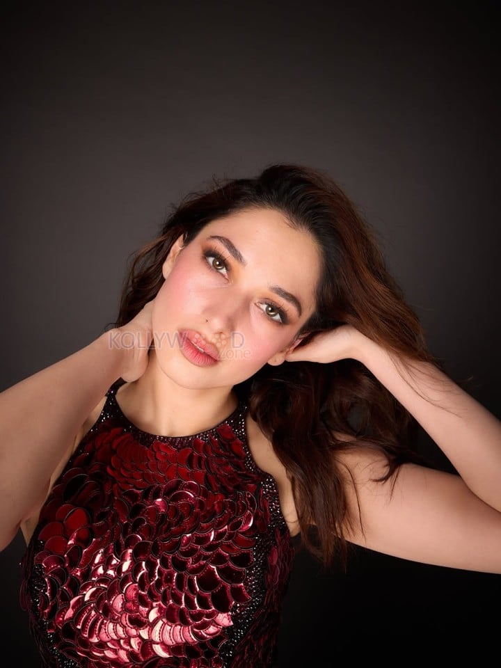 Stunning Tamannaah Bhatia in a Sleeveless Deep Wine Red Bodycon Dress Photos 01