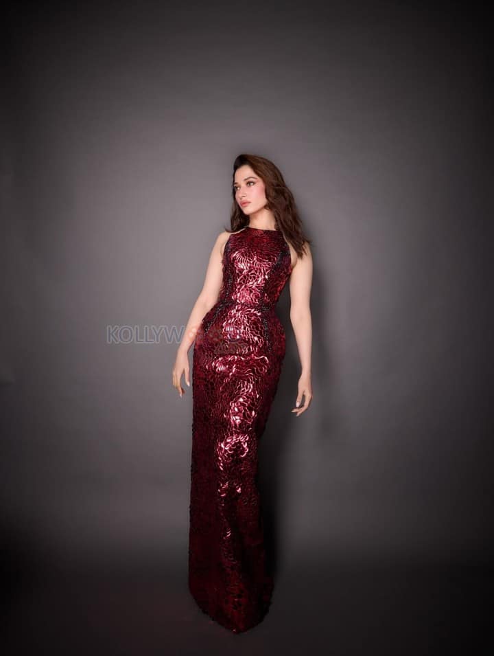 Stunning Tamannaah Bhatia in a Sleeveless Deep Wine Red Bodycon Dress Photos 02