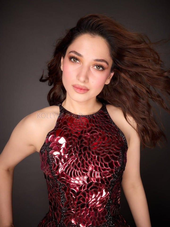 Stunning Tamannaah Bhatia in a Sleeveless Deep Wine Red Bodycon Dress Photos 04