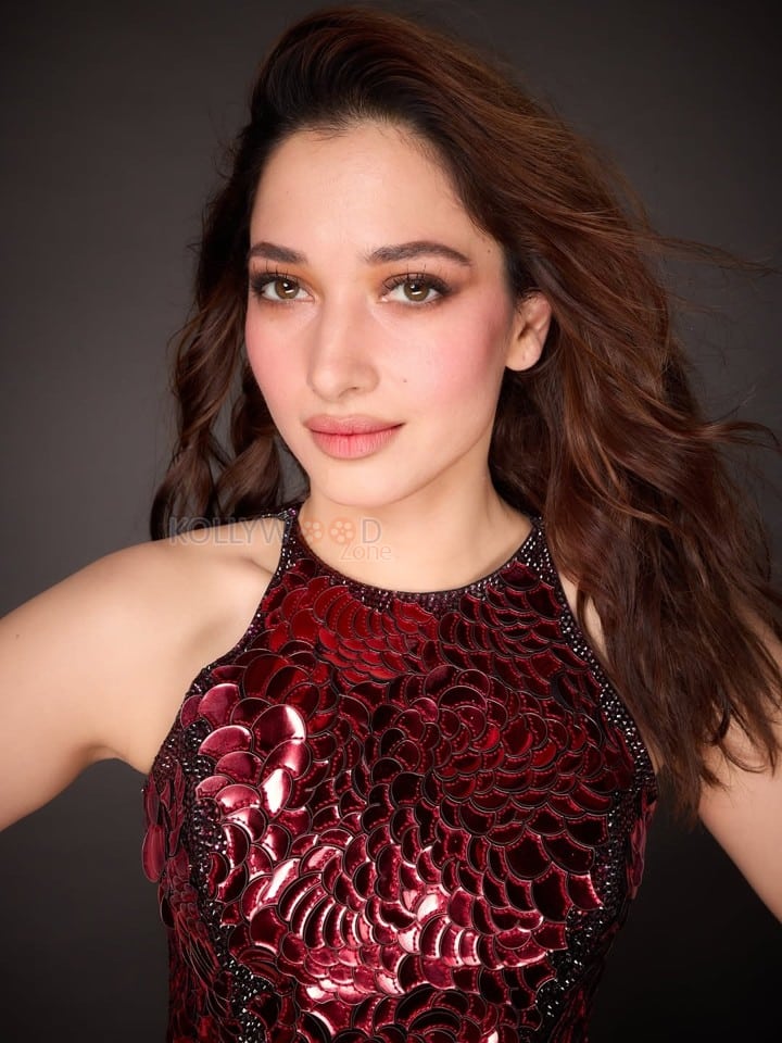 Stunning Tamannaah Bhatia in a Sleeveless Deep Wine Red Bodycon Dress Photos 05