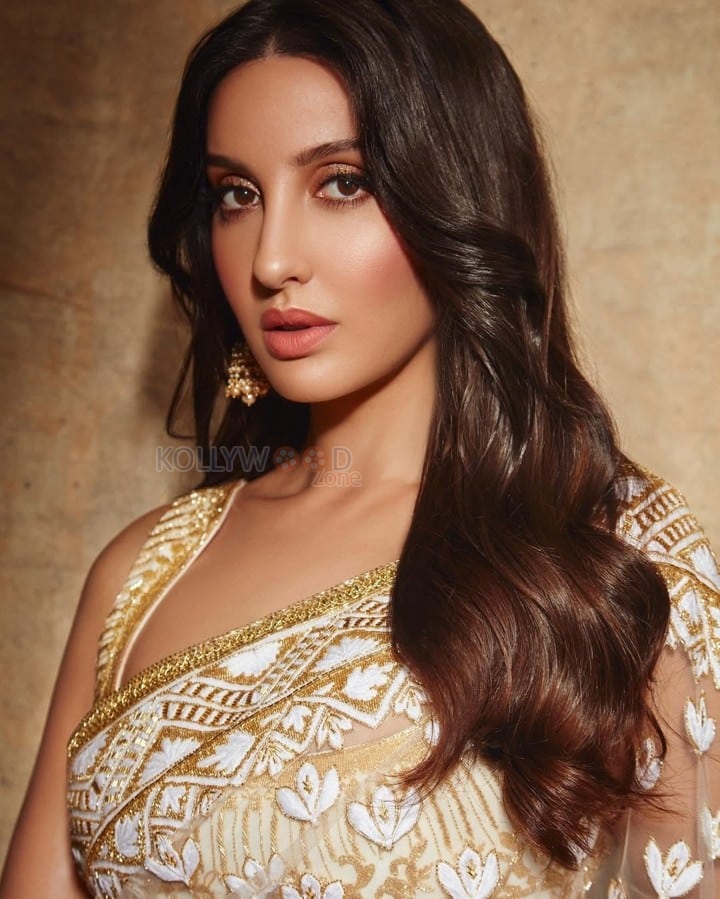 Stylish Nora Fatehi in an Embroidered White Sheer Saree with Matching Blouse Pictures 04