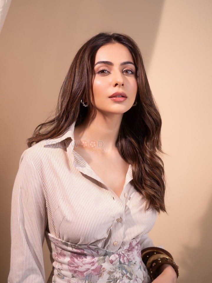 Stylish Rakul Preet Singh in a Floral Corset Mini Dress with a Striped Shirt Photos 05
